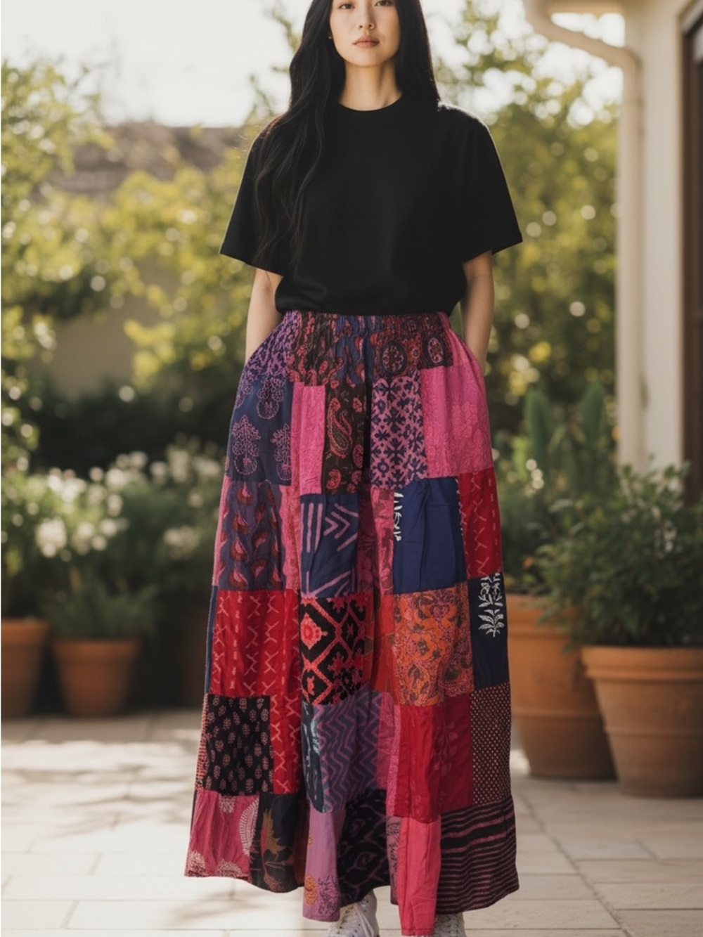 Boho Multicolor Patchwork Maxi Skirt from Nepal